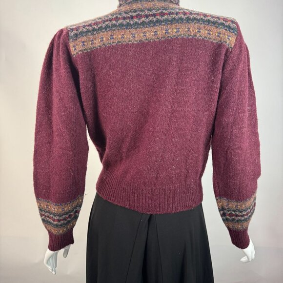 Ralph Lauren 80 Womens Fair Isle Wool Sweater L Maroon & Multi High Neck Button - Picture 12 of 16